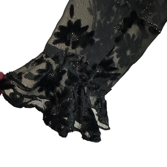 Virgo Velvet Blouse Womens 14 Black Sheer Sparkle Collard Floral Whimsigoth - Picture 4 of 6